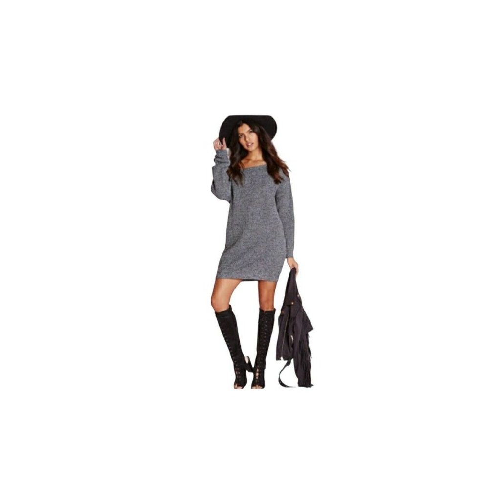 Missguided Grey Off the Shoulder Knit Jumper Dress M/L Long Sleeves NWT